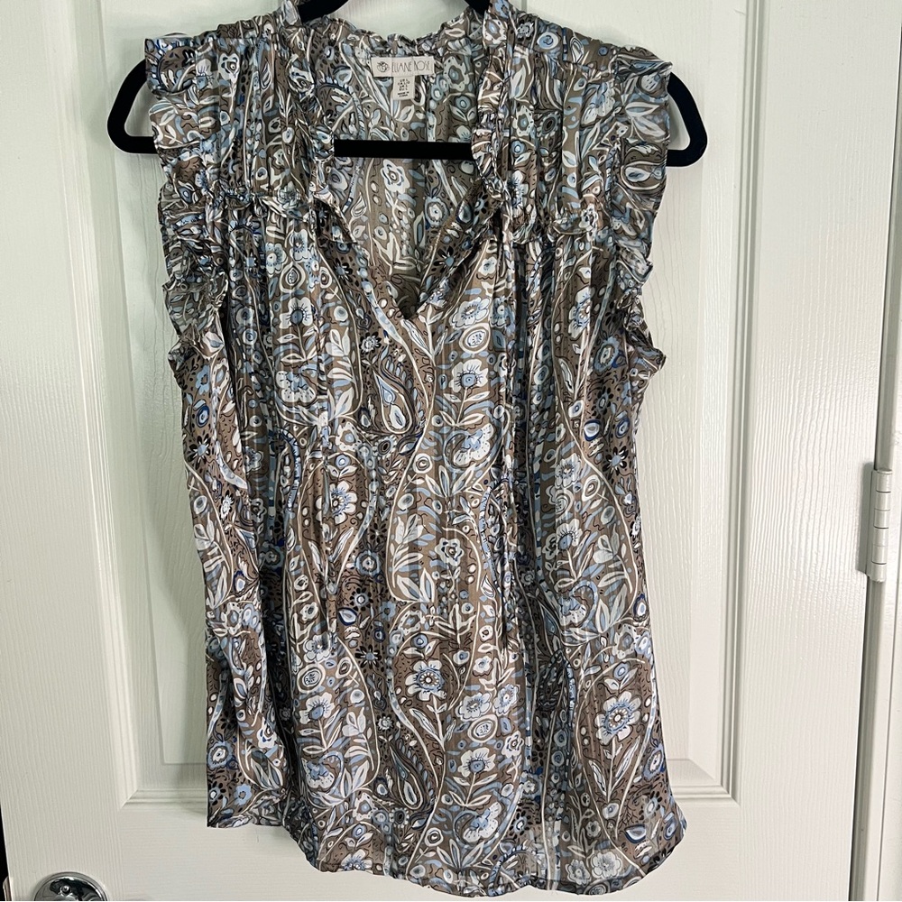 Elaine Rose Women's Floral Ruffle Blouse - Brown and Blue Size Large
